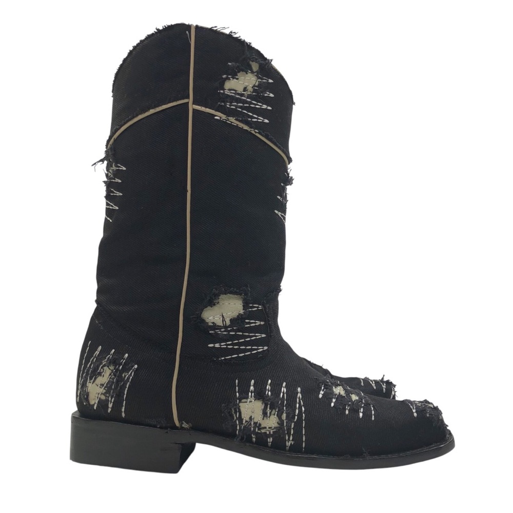 King Exotic Men's Denim Distressed Fabric Cowboy Boots Size 8.5 EE Black Western - Picture 2 of 11